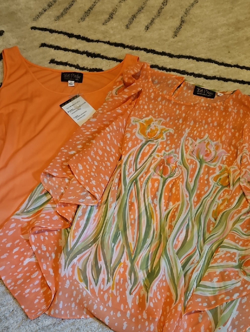 Bob Mackie Bright Coral Layered Tunic with Floral Print Accent